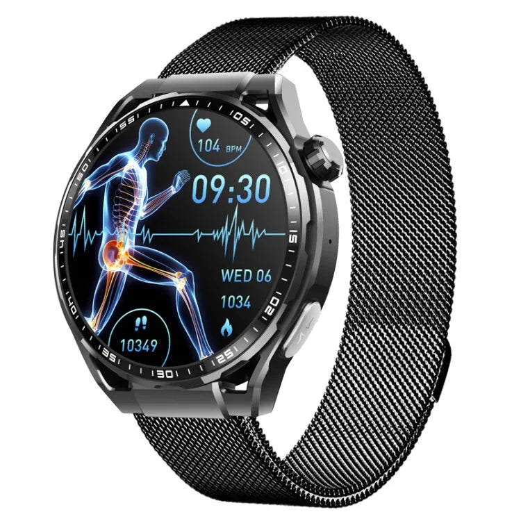 Relógio Inteligente de Saúde F200 ECG Electrocardiograma Monitorização de Glicose no Sangue Ecrã Redondo de 1,55 Polegadas, Silicone Preto, Pele Preta, Pele Castanha Preta, Milan Preto, Aço Preto de 3 Contas, Bambu Preto, Silicone Cinzento Preto