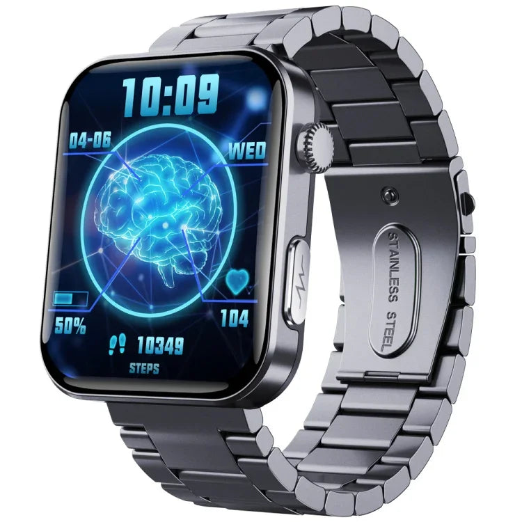 F300 smart watch with ECG and fitness tracking, black stainless steel design showing health monitoring features.