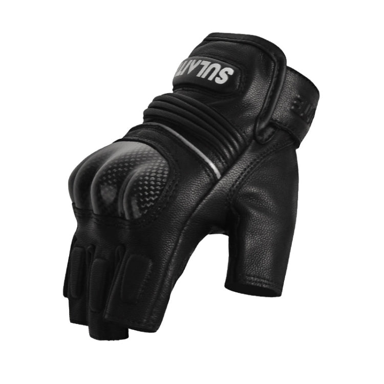 SULAITE Luvas de condução de motocicleta em pele de carneiro com fibra de carbono, respiráveis, meio dedo, M, L