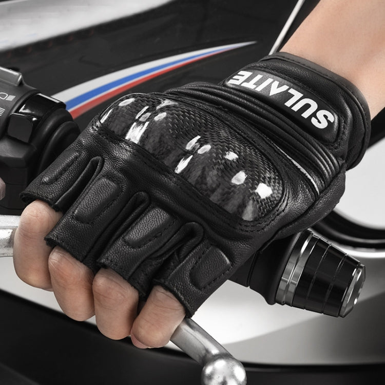 SULAITE Luvas de condução de motocicleta em pele de carneiro com fibra de carbono, respiráveis, meio dedo, M, L