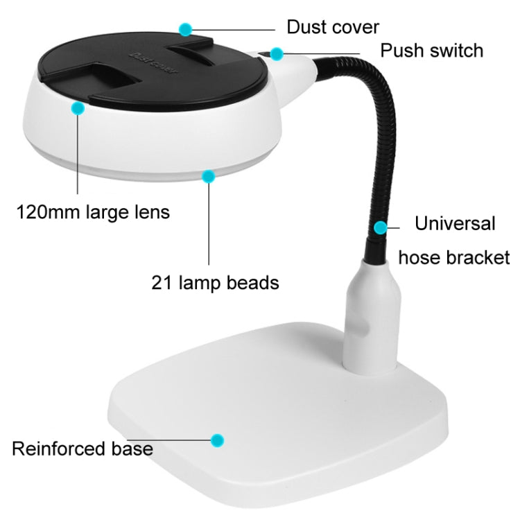 Lupa de secretária com 21 luzes LED, ampliação 10X HD para leitura e reparação, mangueira metálica, ficha EU, ficha US