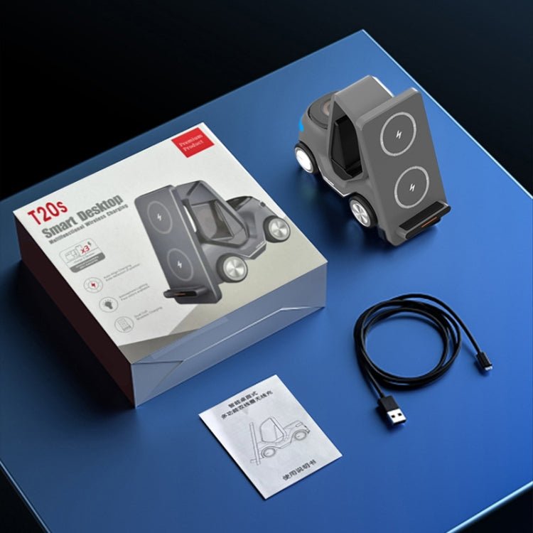 T20S Carregador Sem Fios de Secretária 3 em 1 15W em Forma de Empilhador Pequeno com Luz Ambiente LED