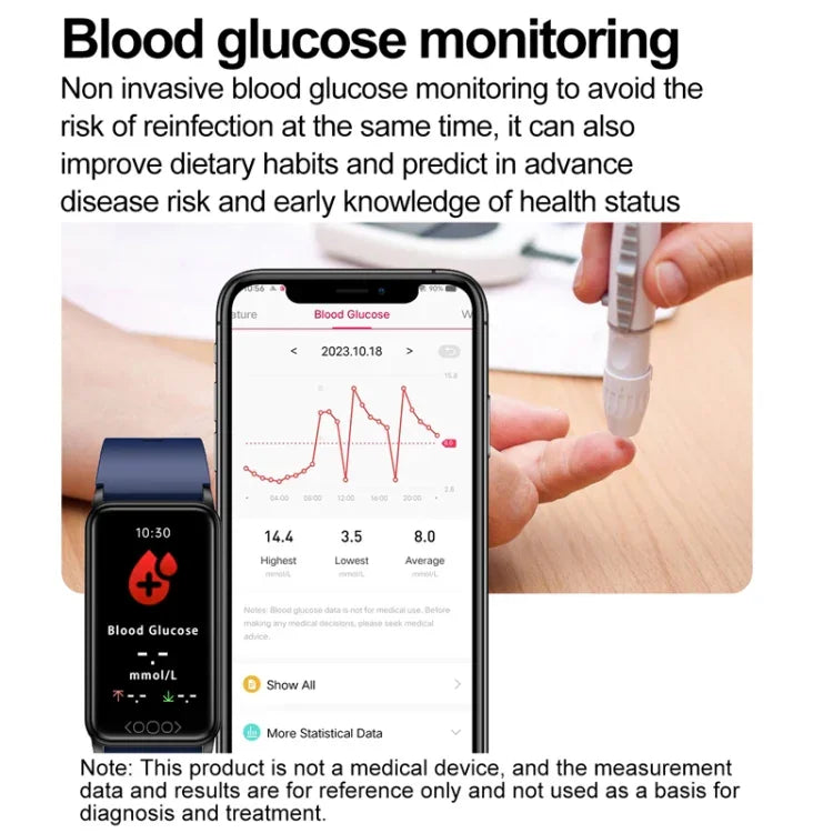Pulseira Desportiva Inteligente Saudável para Monitorização Não Invasiva de Ácido Úrico, Lípidos Sanguíneos, Açúcar no Sangue, Frequência Cardíaca, Oxigénio e Temperatura