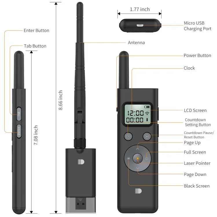 Doosl DSIT037 Controlo Remoto Laser de Longa Distância 300m Luz Verde Virador de Página, DSIT037