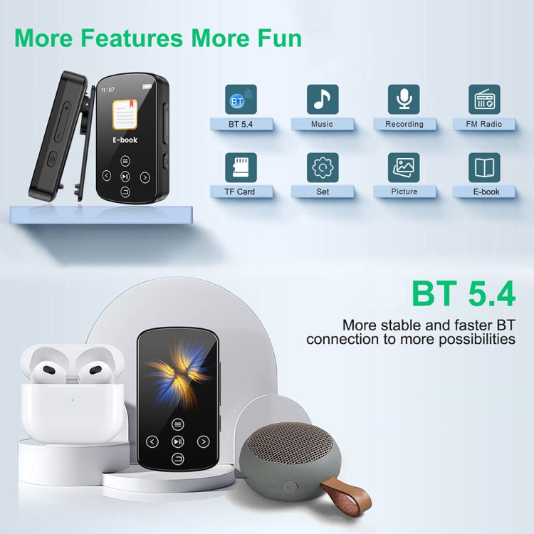 Leitor de Música MP3 Bluetooth HIFI Desportivo com Clip e Ecrã Tátil MP4, Sem Cartão TF, 8GB, 16GB, 32GB, 64GB, 128GB