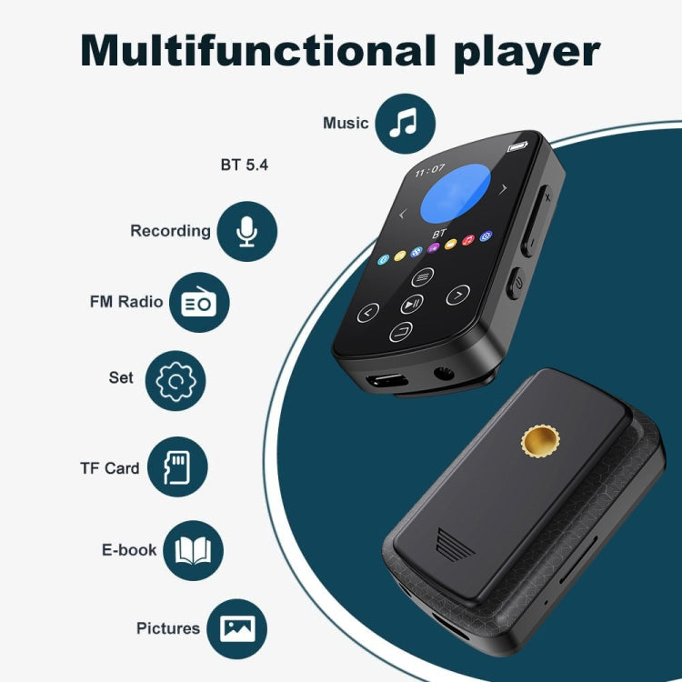 Leitor de Música MP3 Bluetooth HIFI Desportivo com Clip e Ecrã Tátil MP4, Sem Cartão TF, 8GB, 16GB, 32GB, 64GB, 128GB