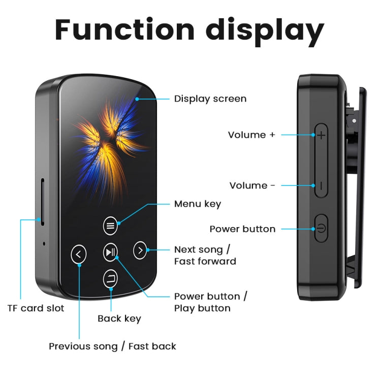Leitor de Música MP3 Bluetooth HIFI Desportivo com Clip e Ecrã Tátil MP4, Sem Cartão TF, 8GB, 16GB, 32GB, 64GB, 128GB
