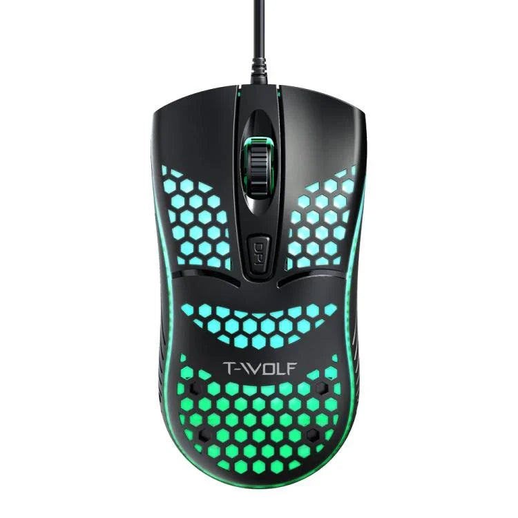 T-WOLF V15 Rato Gaming USB com Fio e Iluminação RGB, Design Oco Ergonómico em Colmeia para PC, Escritório e Uso Doméstico