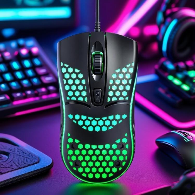 T-WOLF V15 Rato Gaming USB com Fio e Iluminação RGB, Design Oco Ergonómico em Colmeia para PC, Escritório e Uso Doméstico