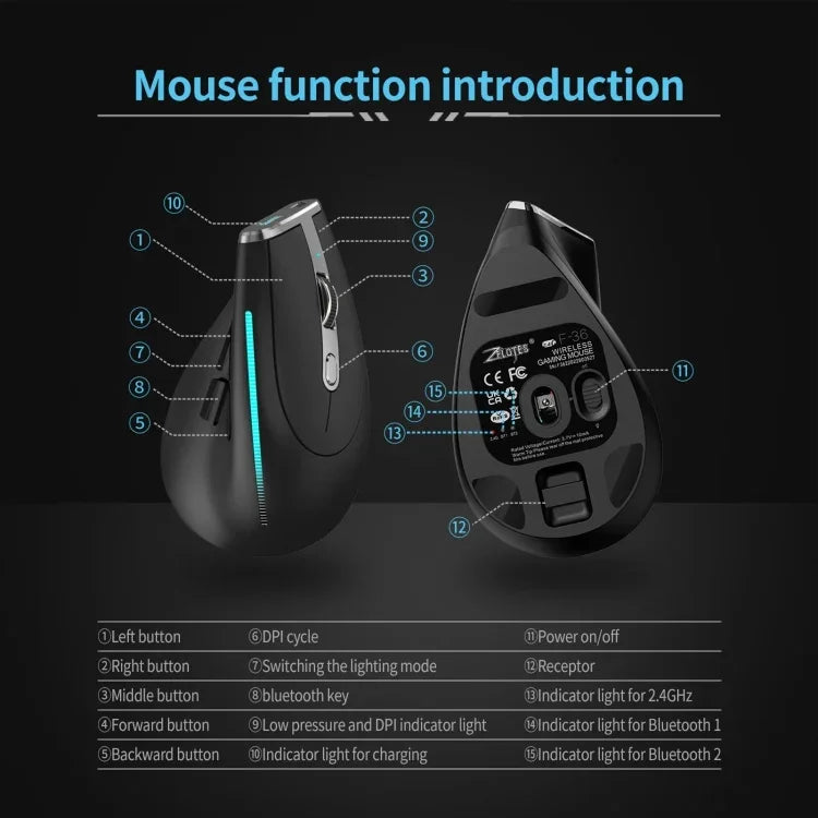 ZELOTES F36 Teclado Vertical Ergonómico com 9 Teclas, Programável, Duplo Bluetooth + Rato Sem Fios 2.4G, F36 (Branco), F36 (Preto)