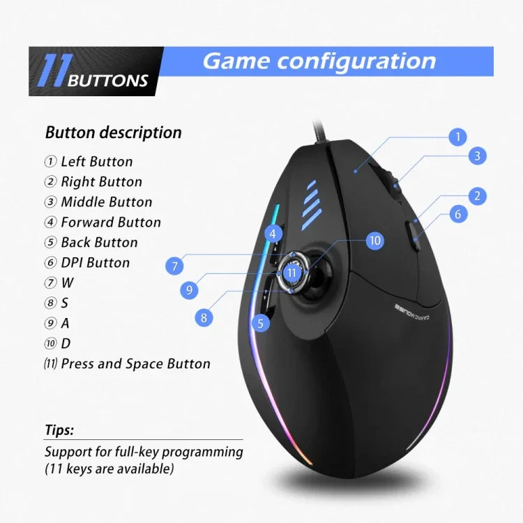 ZELOTES C18 Teclado Vertical Ergonómico com 11 Teclas RGB, Joystick Programável, Rato Gaming Com Fios, C18