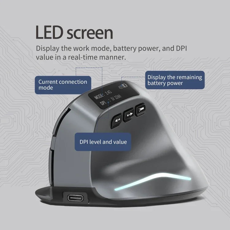 ZELOTES F-26C Rato Sem Fios Vertical com 8 Teclas, Modo Duplo 2.4G+Bluetooth, Ecrã LED, F-26C