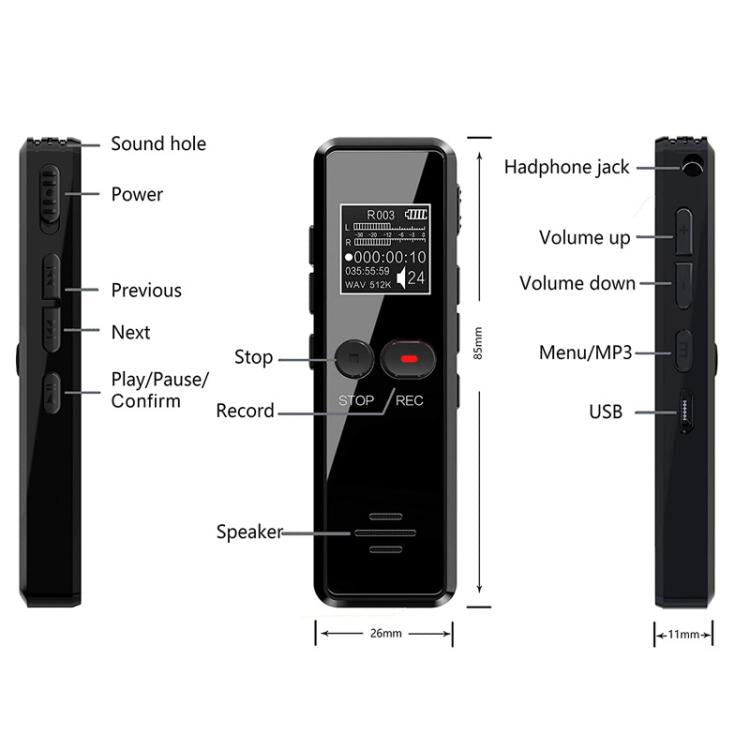 Mini Gravador de Entrevistas com Ecrã LCD de 0,9 polegadas, MP3 com Carregamento USB, 8GB, 16GB, 32GB, 64GB
