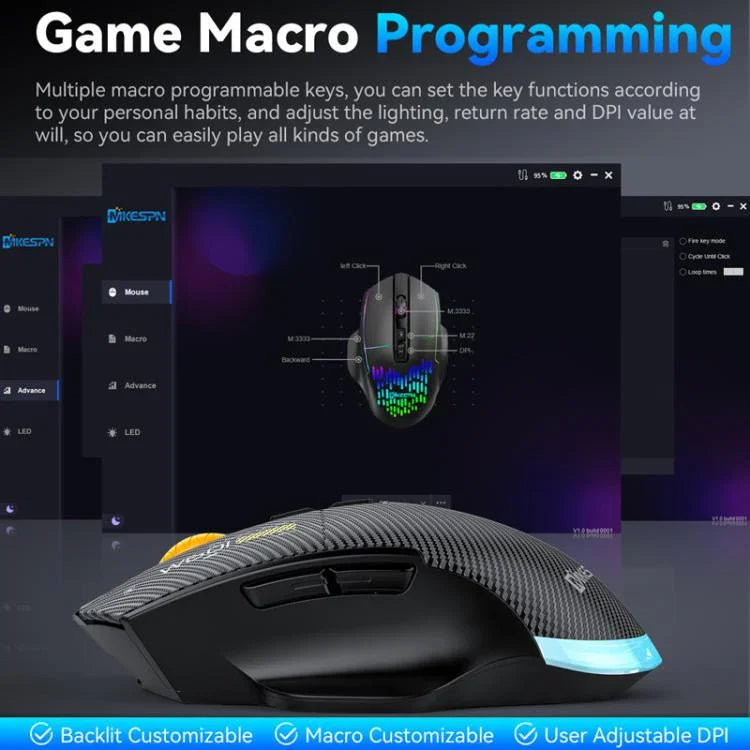 MKESPN W601 Rato Gaming Sem Fios Tri-Mode Silencioso com Macros, Fibra de Carbono, 12800DPI, Bluetooth
