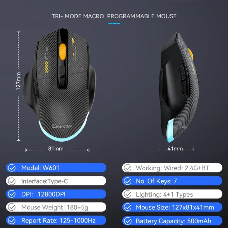 MKESPN W601 Rato Gaming Sem Fios Tri-Mode Silencioso com Macros, Fibra de Carbono, 12800DPI, Bluetooth