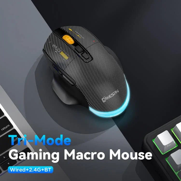 MKESPN W601 Rato Gaming Sem Fios Tri-Mode Silencioso com Macros, Fibra de Carbono, 12800DPI, Bluetooth