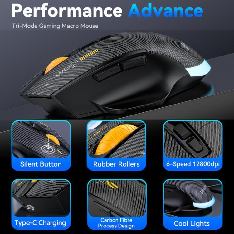 MKESPN W601 Rato Gaming Sem Fios Tri-Mode Silencioso com Macros, Fibra de Carbono, 12800DPI, Bluetooth