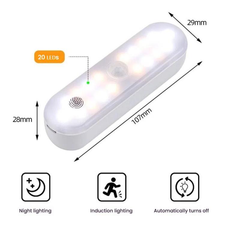 Luz de Armário LED Magnética com Sensor de Movimento, Recárregavel, 20 LEDs, 3 Temperaturas de Cor, A68-3A-11cm