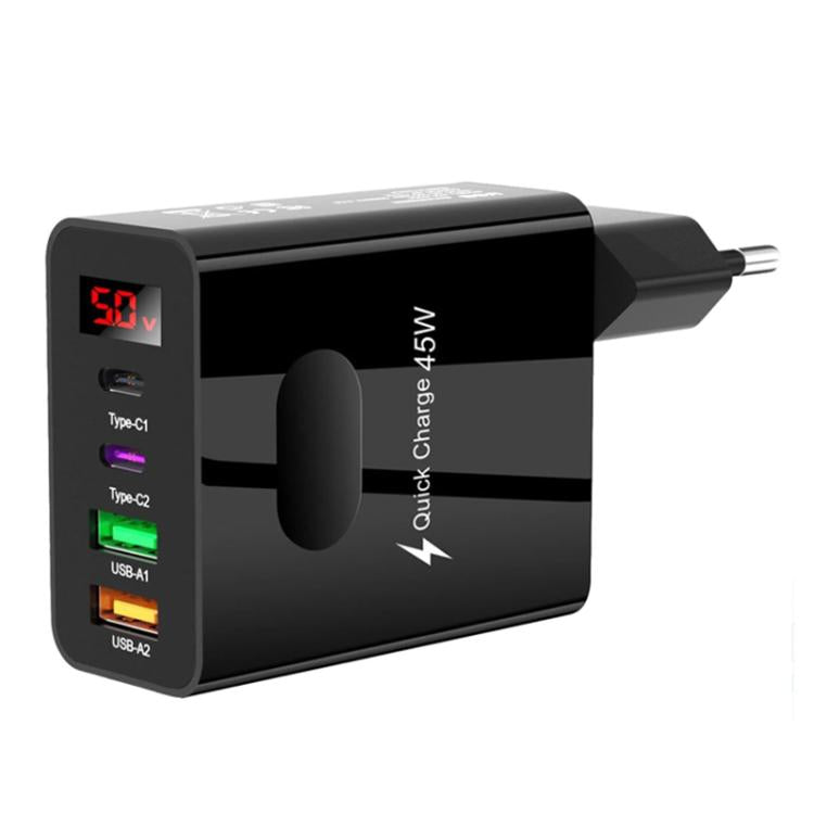 Carregador Multiporta para Telemóvel com 2 USB + 2 Type-C e Ecrã Digital, Ficha UE Preto, Ficha US Preto, Ficha UK Preto, Ficha UE Branco, Ficha US Branco, Ficha UK Branco