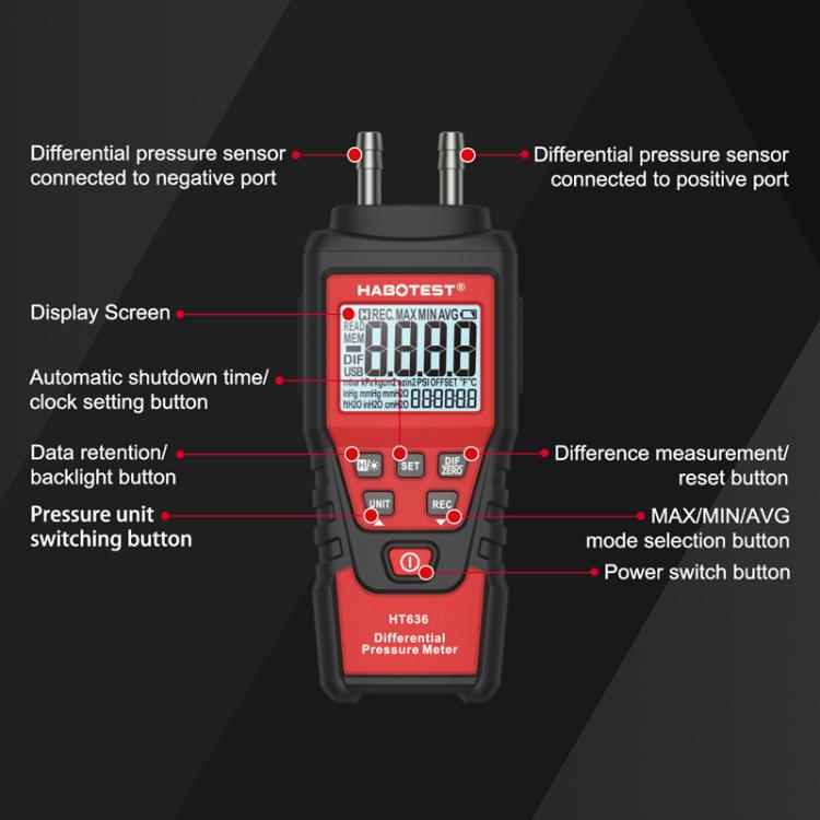 Manómetro digital de alta precisão para pressão diferencial HABOTEST HT636, microtestador de pressão, HT636