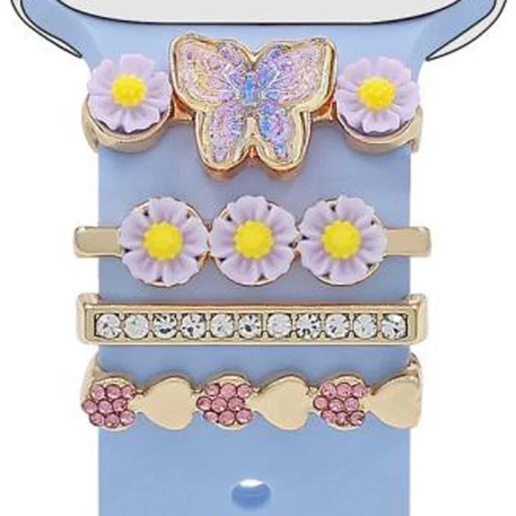 Conjunto de 4 Peças de Correias de Borboleta com Flor para Smartwatch de 22mm com Anel Decorativo de Metal, 1, 2, 3, 4