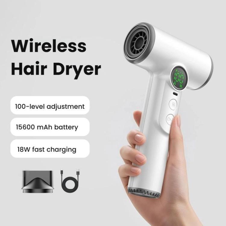 Secador de Cabelo Sem Fios com Motor de Alta Velocidade de 30.000 RPM, 100 Níveis Ajustáveis de Ar Frio/Quente, Bateria de Longa Duração de 15600mAh