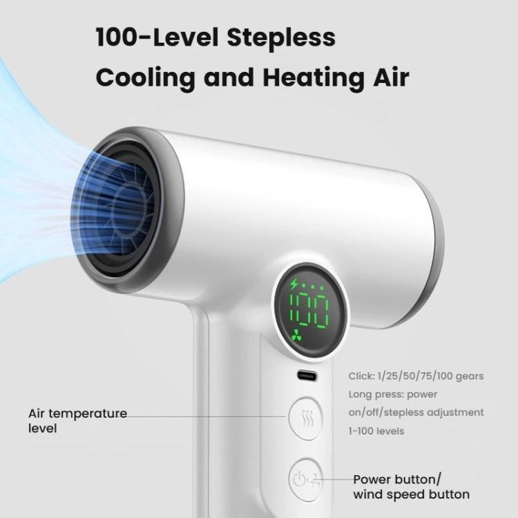 Secador de Cabelo Sem Fios com Motor de Alta Velocidade de 30.000 RPM, 100 Níveis Ajustáveis de Ar Frio/Quente, Bateria de Longa Duração de 15600mAh