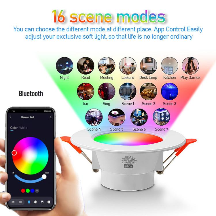 Lâmpada de Teto Inteligente Redonda Embutida Tuya Bluetooth RGBCW com Mudança de Cor e Dimmer, Tuya Bluetooth 10W 85-265V