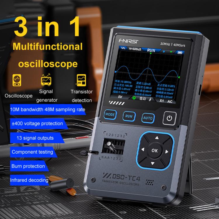 Osciloscópio 3 em 1, Testador de Transístores, Gerador de Sinais, Largura de Banda 10M, Prova de Burn-In, FNIRSI DSO-TC4