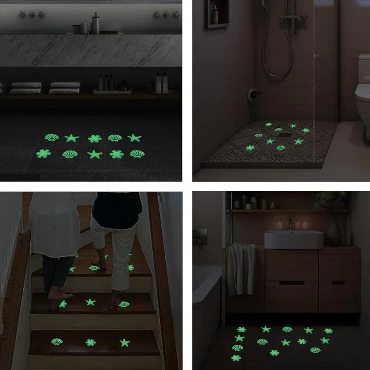 12pcs /Pack Autocolantes PEVA Auto-adesivos Luminosos Antiderrapantes para Casa de Banho, Escadas, Piso, Tira 2x20cm, Tira 2x38cm, Forma S 1.3x18cm, Redondo 8cm, Redondo 10cm, Flor 8cm, Flor 10cm, Concha