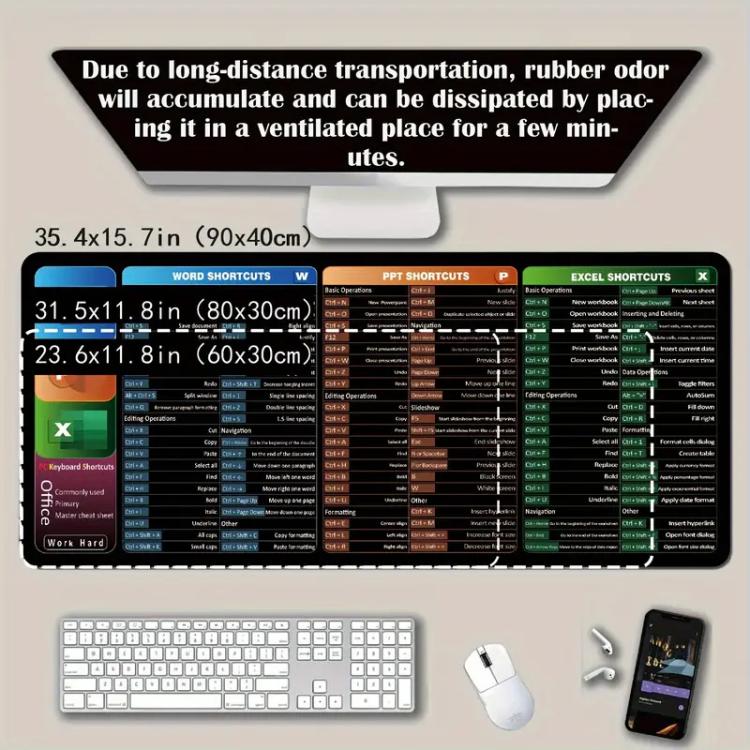 Tapete de secretária com atalhos de teclado, tapete de rato antiderrapante para escritório com comandos de computador, 400x900x3mm