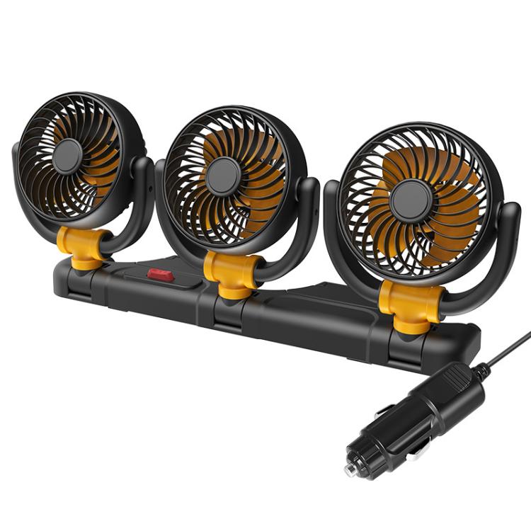 F4505 Car Triple-Head Rotatable Fan Auto 3-Way Folding Fan, USB Port 5V, Cigarette Lighter Port 12V, Cigarette Lighter Port 24V