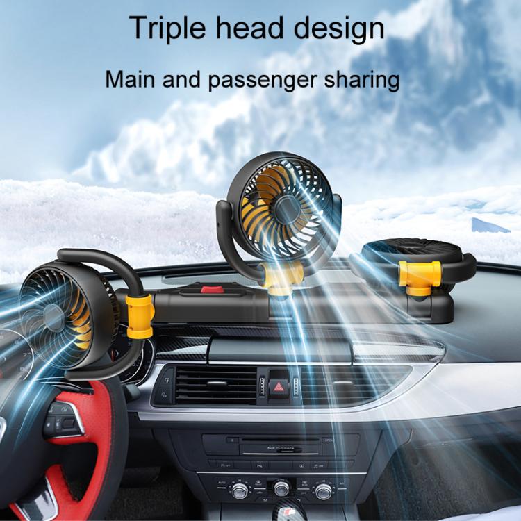 F4505 Car Triple-Head Rotatable Fan Auto 3-Way Folding Fan, USB Port 5V, Cigarette Lighter Port 12V, Cigarette Lighter Port 24V