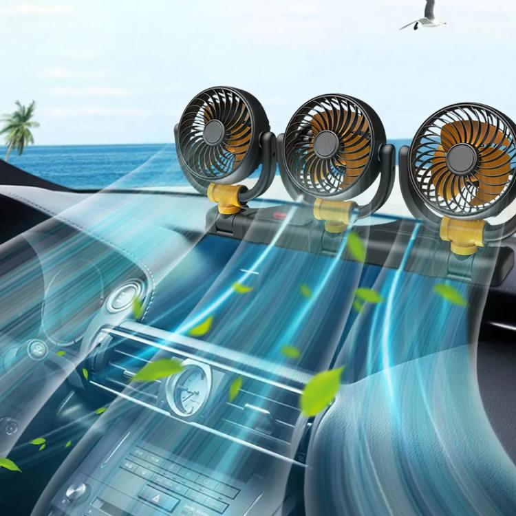 F4505 Car Triple-Head Rotatable Fan Auto 3-Way Folding Fan, USB Port 5V, Cigarette Lighter Port 12V, Cigarette Lighter Port 24V