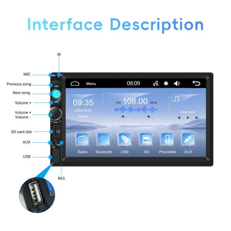 Reprodutor MP5 com Carplay com Fios de 7 Polegadas, Ecrã Grande, Controlo Central do Carro, Bluetooth, Standard, Standard+12 Luzes Câmera