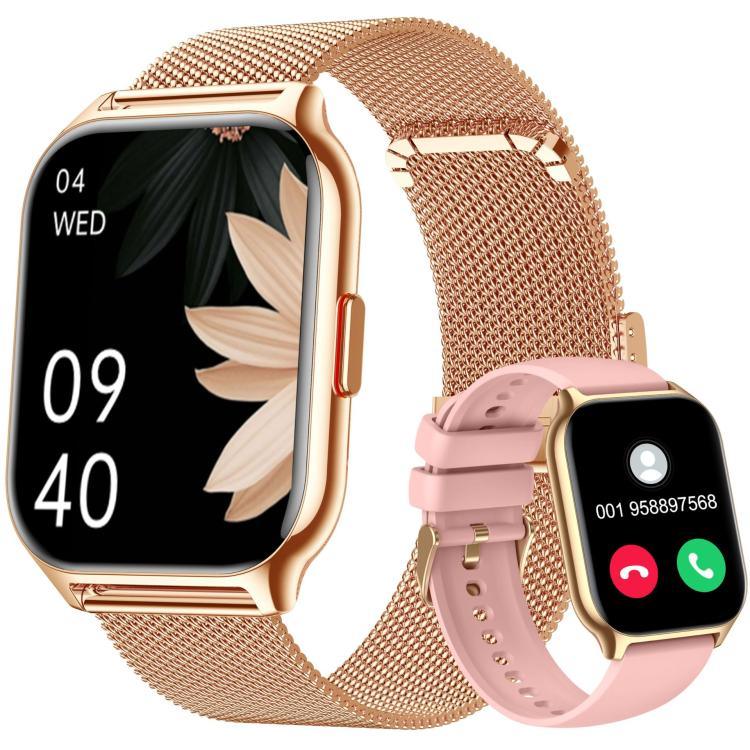 Relógio Inteligente Quadrado Desportivo com Monitorização de Oxigénio no Sangue / Sono / Frequência Cardíaca, Bracelete Dupla, Aço Dourado+Silicone Rosa, Aço Preto+Silicone Preto