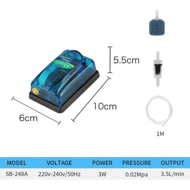 Bomba de ar para aquário ultra-silenciosa transparente 220-240V, SOBO SB-248A 3W buraco único, SOBO SB-348A 5W buraco duplo