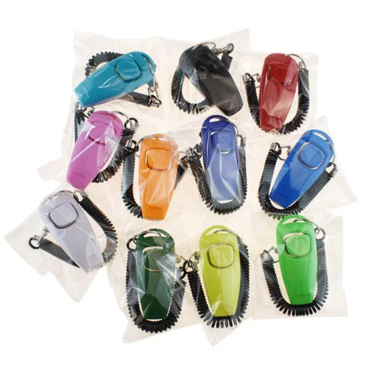 Clicker de Treino 2 em 1 para Animais de Estimação com Apito para Cães e Pulseira Longa