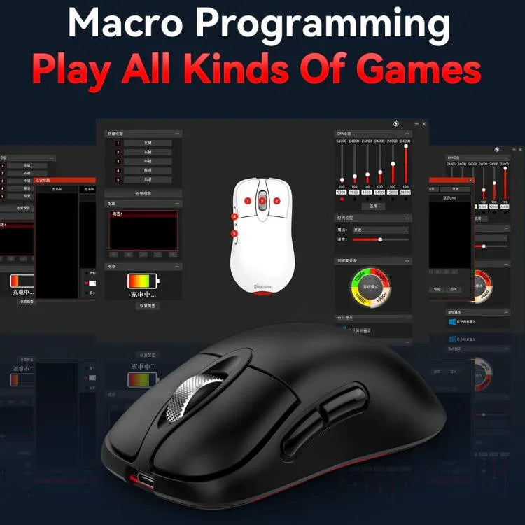 Rato Gaming Sem Fios Tri-Mode 24000 DPI, 6 Modos de Iluminação RGB, Recarregável, Macro Programável, Preto, Branco, Rosa, Preto com Carregamento Sem Fios, Branco com Carregamento Sem Fios, Rosa com Carregamento Sem Fios