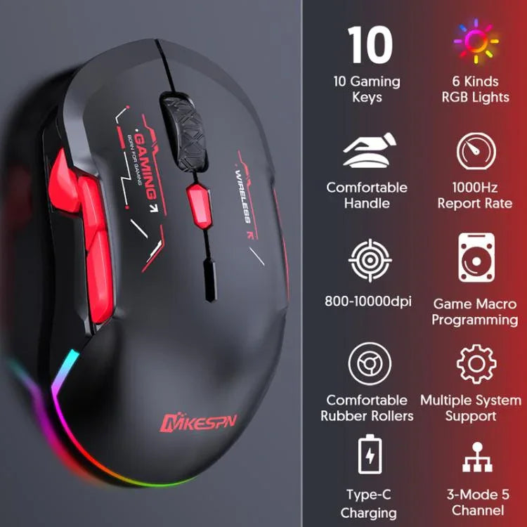 Rato Gaming MKESPN W12 Tri-Mode 5 Canais 10 Teclas 10000 DPI Design Ambidestro RGB Macro, W12 Azul, W12 Vermelho