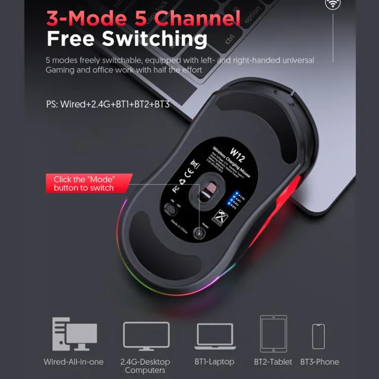 Rato Gaming MKESPN W12 Tri-Mode 5 Canais 10 Teclas 10000 DPI Design Ambidestro RGB Macro, W12 Azul, W12 Vermelho