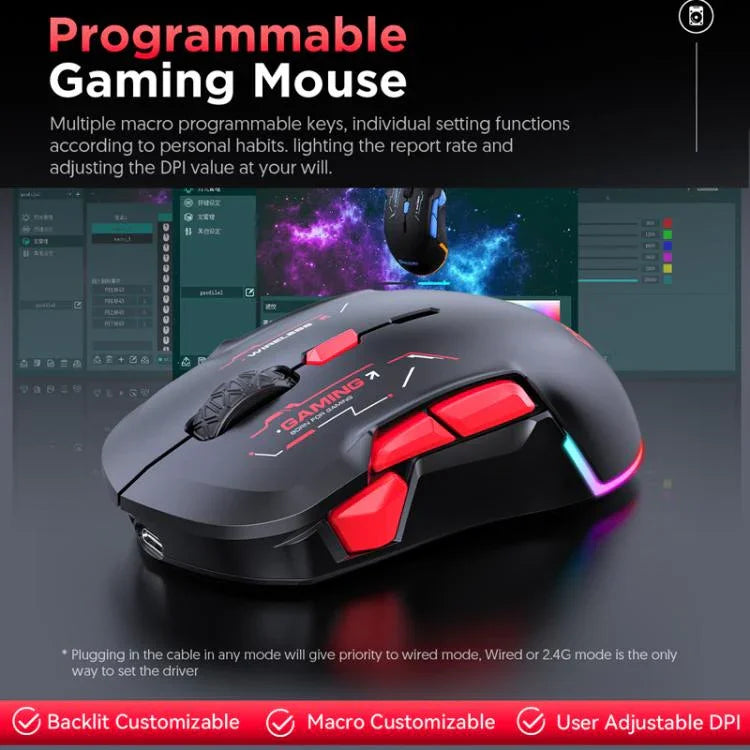 Rato Gaming MKESPN W12 Tri-Mode 5 Canais 10 Teclas 10000 DPI Design Ambidestro RGB Macro, W12 Azul, W12 Vermelho