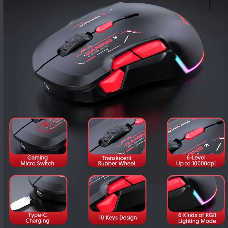 Rato Gaming MKESPN W12 Tri-Mode 5 Canais 10 Teclas 10000 DPI Design Ambidestro RGB Macro, W12 Azul, W12 Vermelho