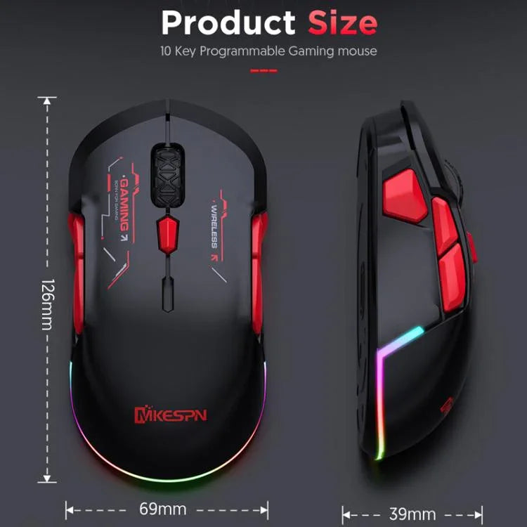 Rato Gaming MKESPN W12 Tri-Mode 5 Canais 10 Teclas 10000 DPI Design Ambidestro RGB Macro, W12 Azul, W12 Vermelho