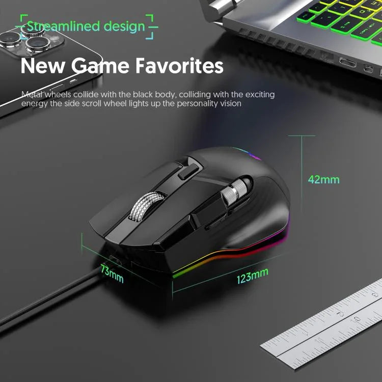 Rato Gaming com Fios MKESPN X13 RGB Full Speed 12400 DPI 10 Teclas Roda de Rolagem Dupla Swing Macro Programável, X13