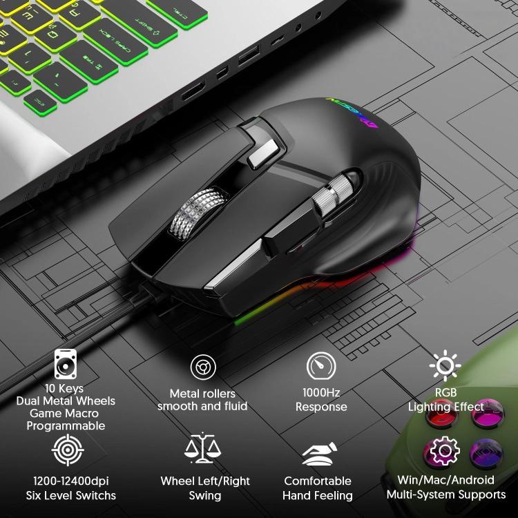 Rato Gaming com Fios MKESPN X13 RGB Full Speed 12400 DPI 10 Teclas Roda de Rolagem Dupla Swing Macro Programável, X13