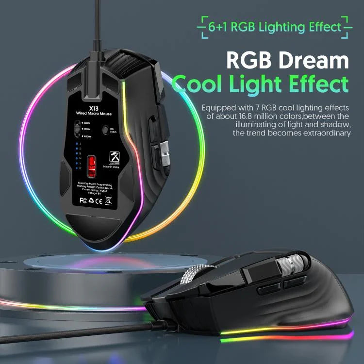 Rato Gaming com Fios MKESPN X13 RGB Full Speed 12400 DPI 10 Teclas Roda de Rolagem Dupla Swing Macro Programável, X13