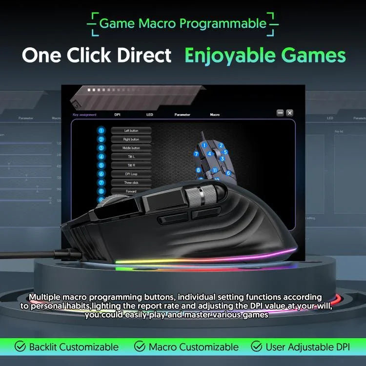 Rato Gaming com Fios MKESPN X13 RGB Full Speed 12400 DPI 10 Teclas Roda de Rolagem Dupla Swing Macro Programável, X13