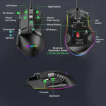 Rato Gaming com Fios MKESPN X13 RGB Full Speed 12400 DPI 10 Teclas Roda de Rolagem Dupla Swing Macro Programável, X13