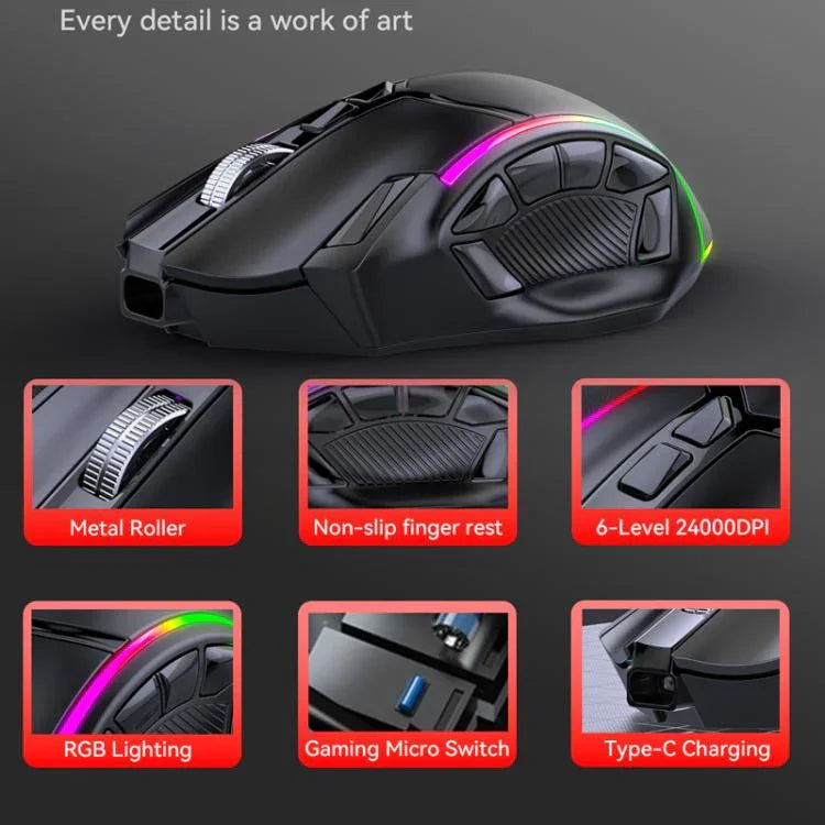 Rato Gaming Sem Fios MKESPN W605 Triple-Mode 24000 DPI 12 Teclas Personalização Macro, W605